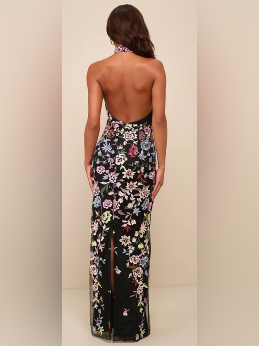 Lulu's Infinite Praise Black 3D Floral Embroidered Halter Maxi Dress NWT Size L - Picture 4 of 9